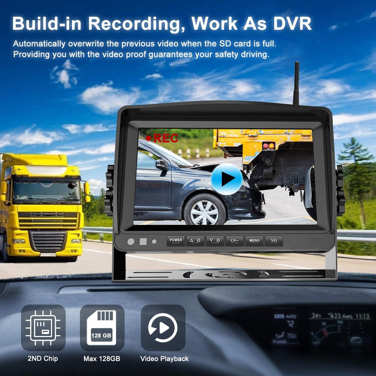 Fookoo HD 1080P 9" Wireless Backup Camera System, 9-inch Quad Split Screen Monitor w/Recording
