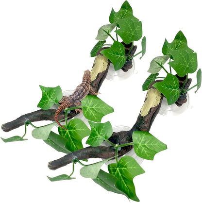 Fhiny 2 PCS Reptile Corner Branch, Resin Climb Tree Branch Decor with Leaves Tank Accessories