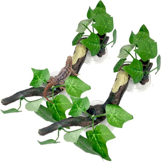 Fhiny 2 PCS Reptile Corner Branch, Resin Climb Tree Branch Decor with Leaves Tank Accessories