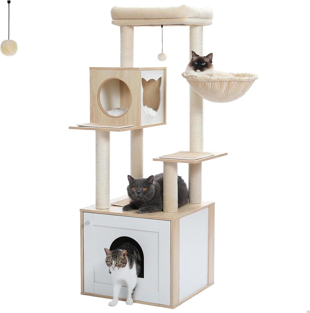 Tall Cat Tree with Litter Box Enclosure 56.7" Wooden Cat Tower for Large Cats with Cat Hammock