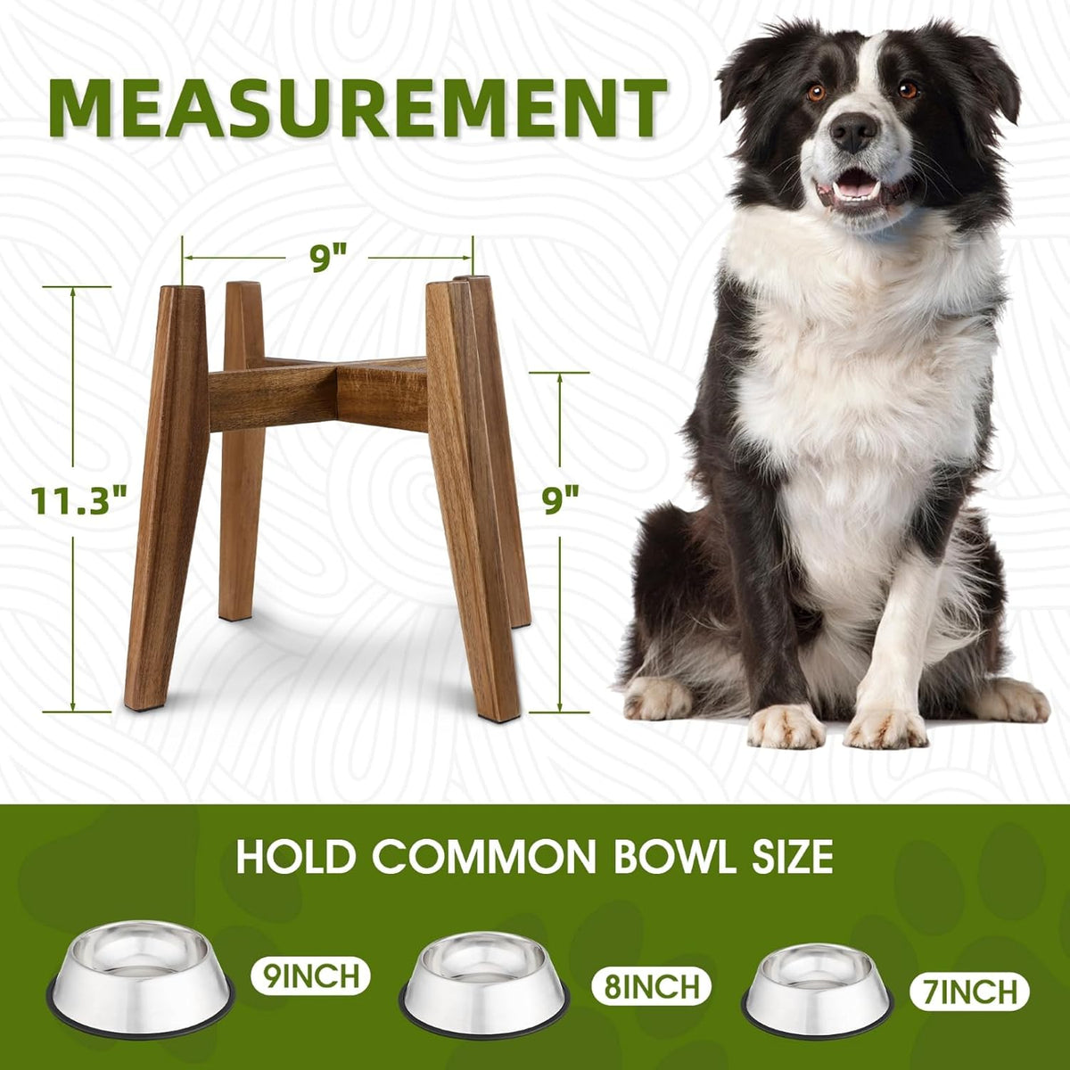 Solid Acacia Hardwood Elevated Dog Bowl Stand, Raised Feeder for Medium & Large Dogs, Fits up to 9″