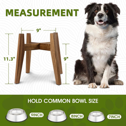 Solid Acacia Hardwood Elevated Dog Bowl Stand, Raised Feeder for Medium & Large Dogs, Fits up to 9″