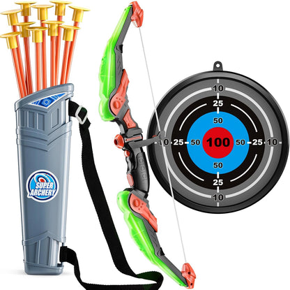 TEMI Bow and Arrow Set for Kids - Archery Toy Set - LED Light Up with Suction Cup Arrows, Target &