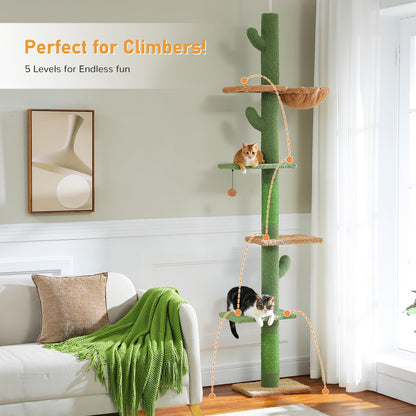 PAWZ Road Cat Tree, Cactus Floor to Ceiling Cat Tower with Adjustable Height(95-108 Inches), 5