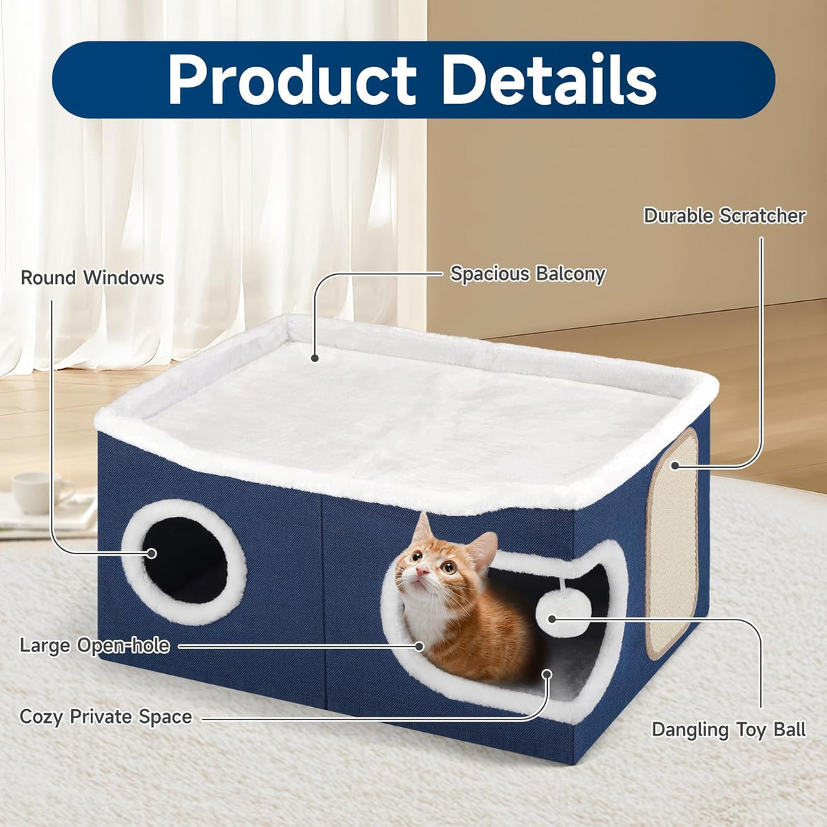 Cat Beds for Indoor Cats, Extra Wide Cat Cube House for Multi Cats, Foldable Cat Cave Hideaway with