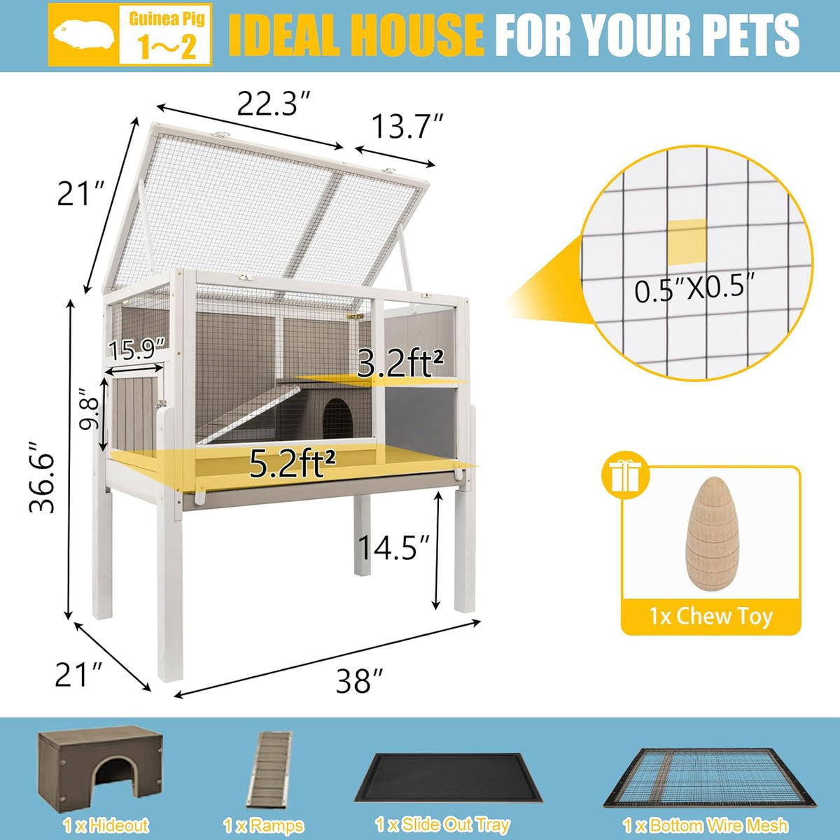 Guinea Pig Cages Indoor, Wooden Guinea Pig Cages with Stand, Rabbit Cage Hutch with Ramp and