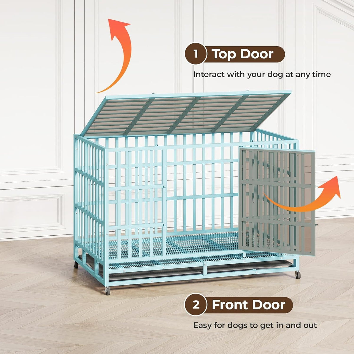 48IN Heavy Duty Dog Crate Steel Escape Proof, Indoor Double Door High Anxiety Cage Removable Tray