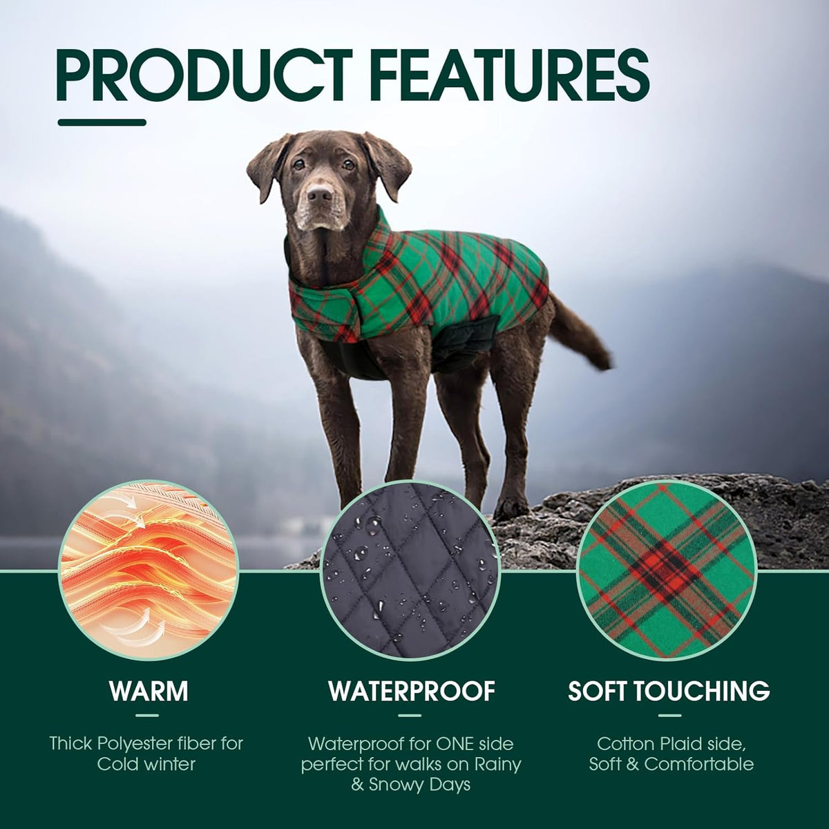 Kuoser Waterproof Dog Coat, Reversible Dog Jacket for Large Dogs, Adjustable Durable Doggie Winter