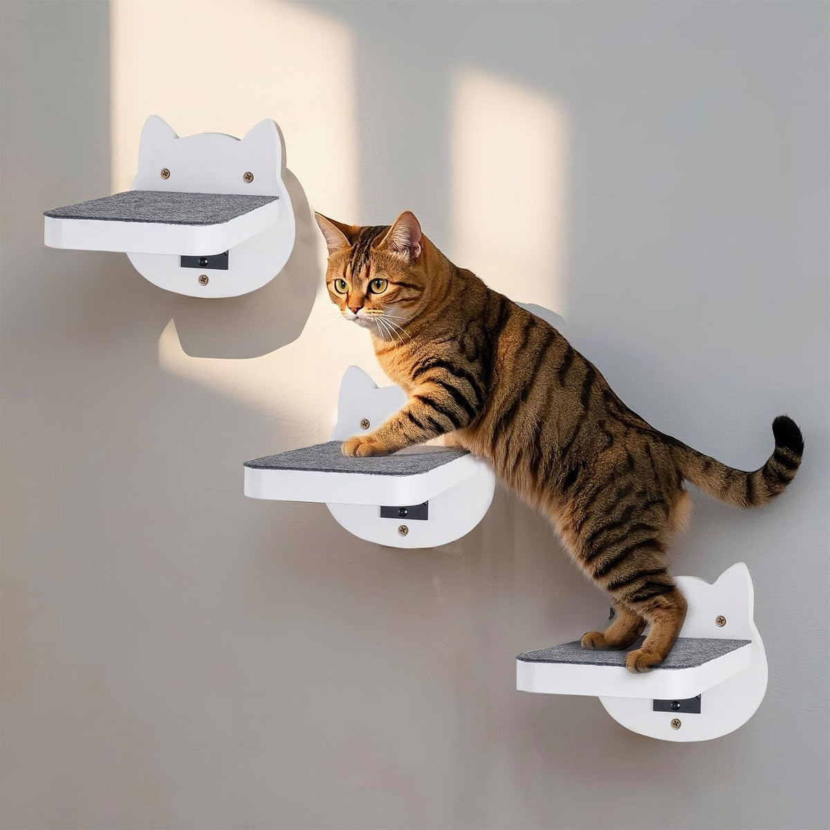 ESPETS White Painted Wooden Cat Wall Floating Steps Set of 3 - Wall Mounted Cat Floating Furniture