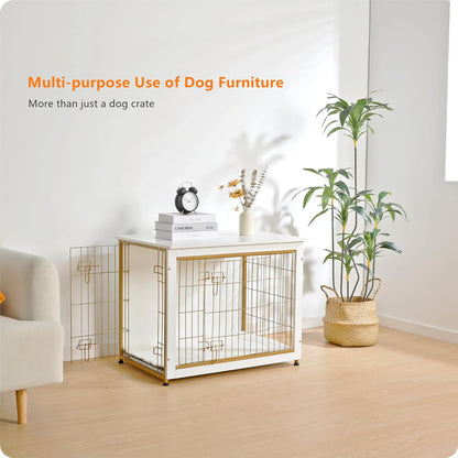 DWANTON Dog Crate Furniture with Cushion, Wooden Kennel Table with Double Doors, Indoor Dog House