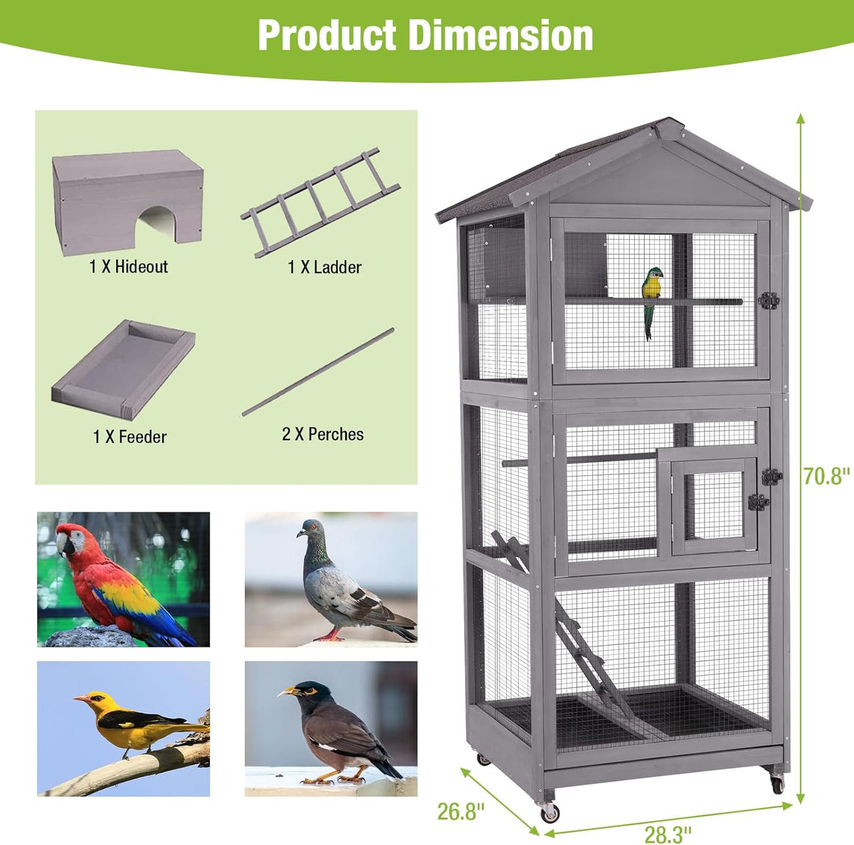 GUTINNEEN Large Bird Cage Outdoor Wooden Aviary Indoor on Wheels, with Play Stand, Perches, Nest