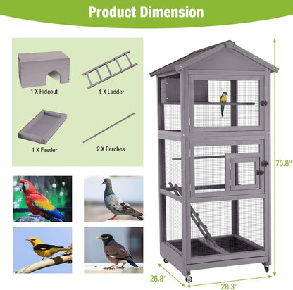 GUTINNEEN Large Bird Cage Outdoor Wooden Aviary Indoor on Wheels, with Play Stand, Perches, Nest