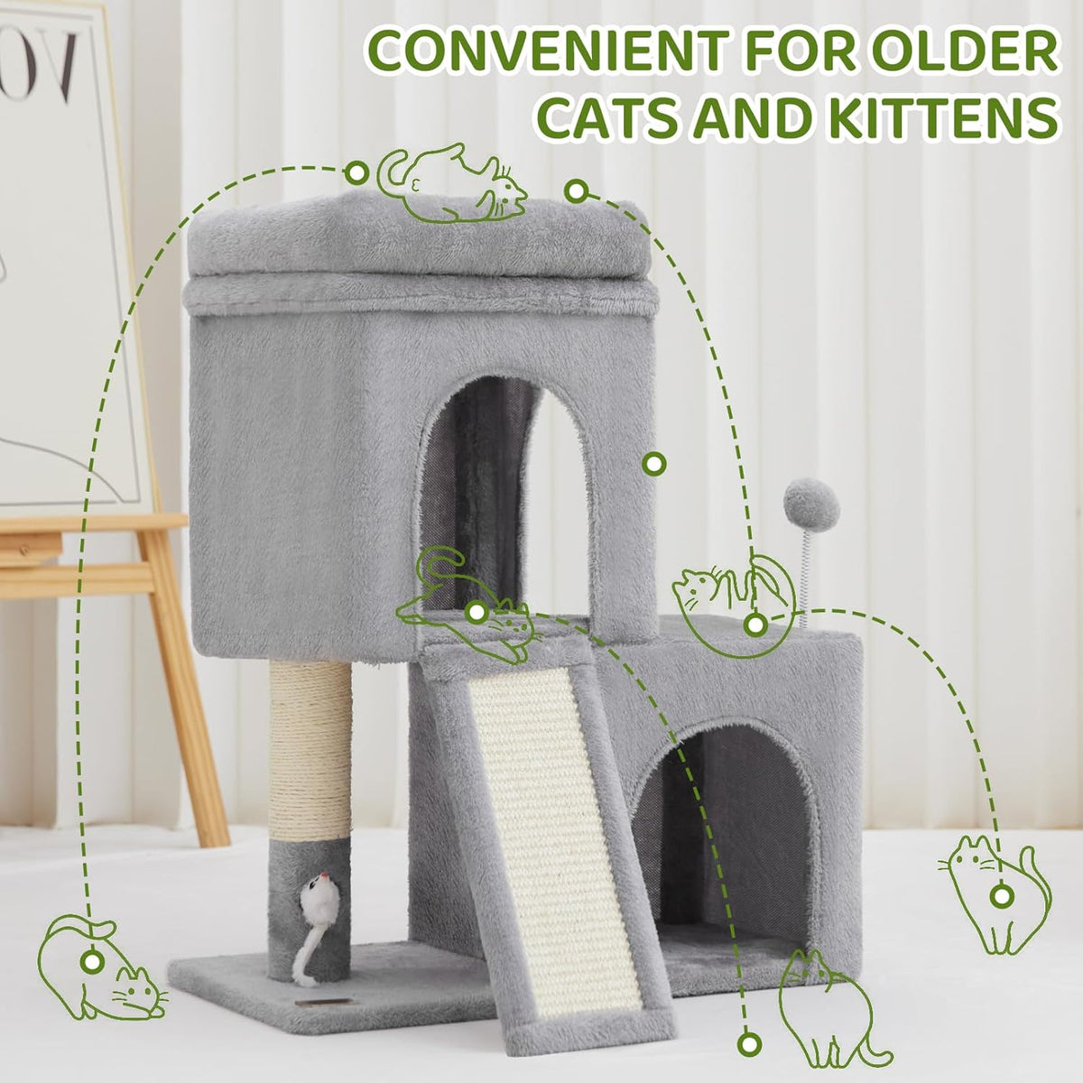 24inch Tall cat Tree with 2 cat condo and Mouse Toy Cozy Small cat Tower with Scratching Post and