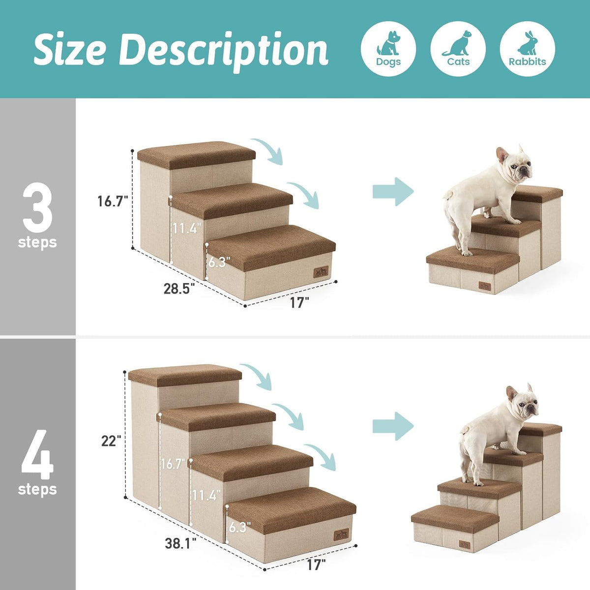Dog Stairs with Storage, 4-Step Wider Sturdy Dog Steps for Small/Medium/Large Dogs and Older Cats
