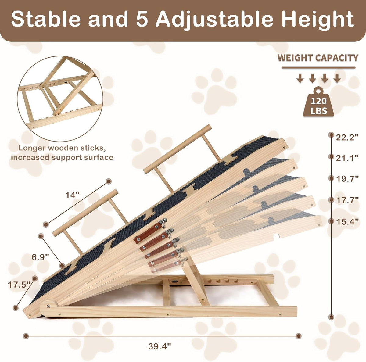 Dog Ramp for Bed, Non-Slip Pet Ramp with 5 Adjustable Heights, Portable Foldable Wooden 40" Long