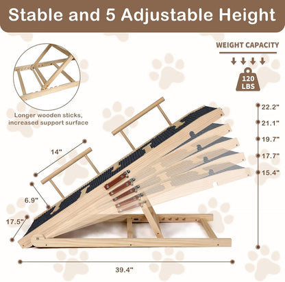 Dog Ramp for Bed, Non-Slip Pet Ramp with 5 Adjustable Heights, Portable Foldable Wooden 40" Long