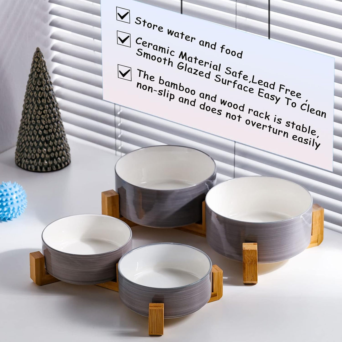Petygooing Dog Bowls,Ceramic Cat Dog Bowl Set with Wood Stand for Food and Water,Non-Slip Weighted