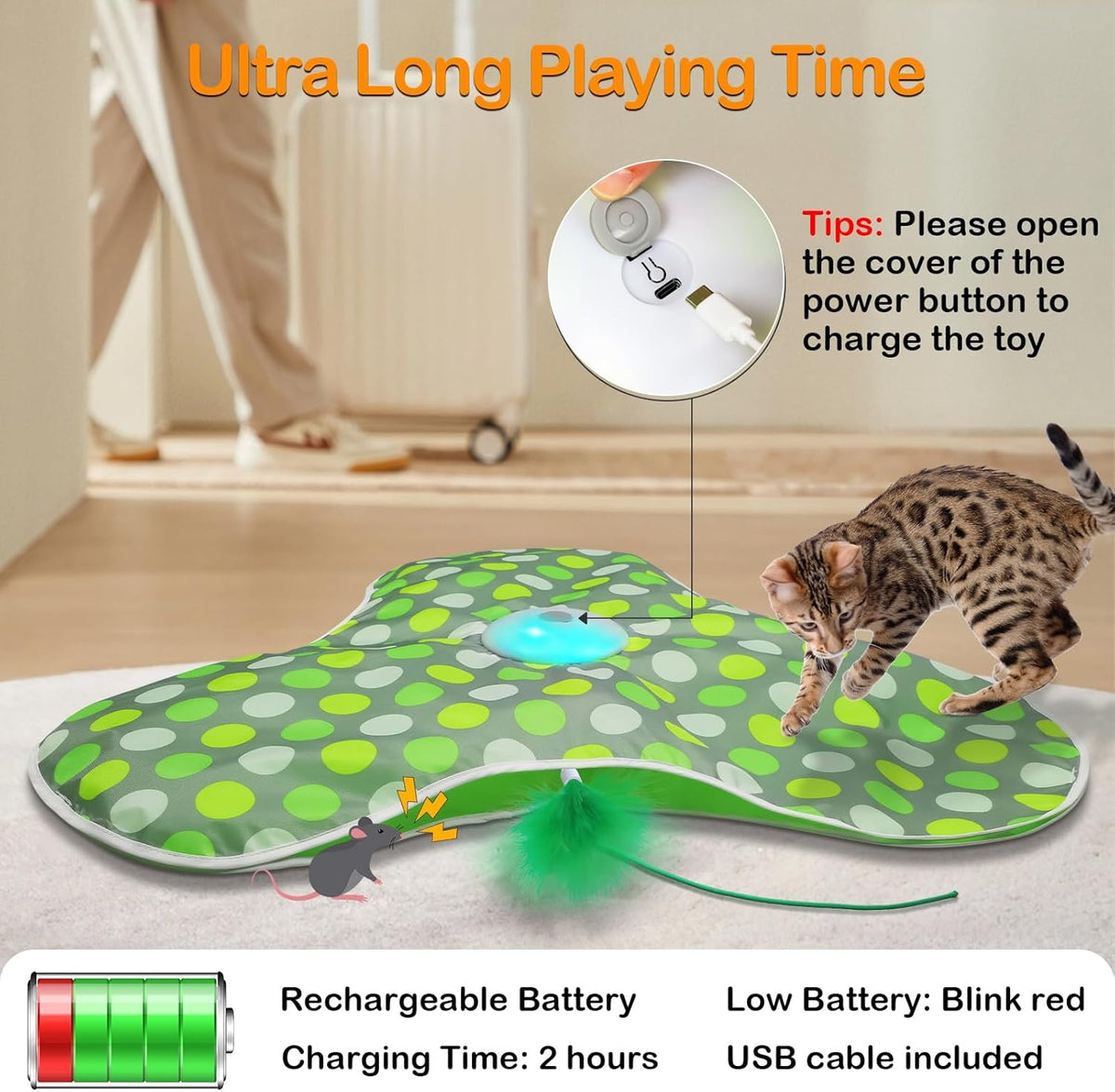 Interactive Cat Toys Rechargeable,Moving Concealed Feathers,Real Mouse Squeaky,Touch Activated Cat