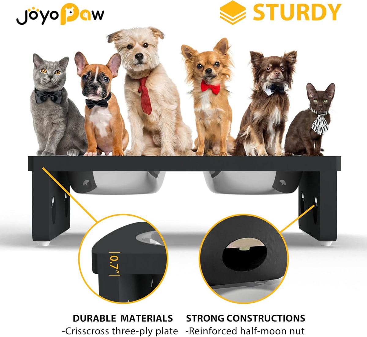 Elevated Dog Bowls, Bamboo Raised Dog Bowl for Small Dogs & Cats, with 2 Stainless Steel Bowls (4''