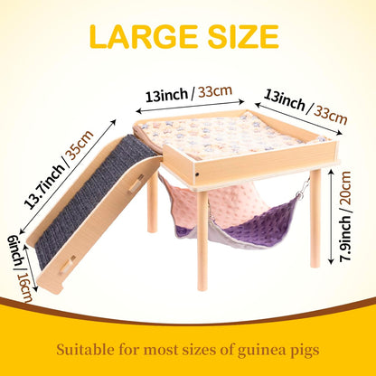Enlarged Guinea Pig Hammock with Platform and Stairs,Wooden Small Animal Hideout for Guinea Pigs