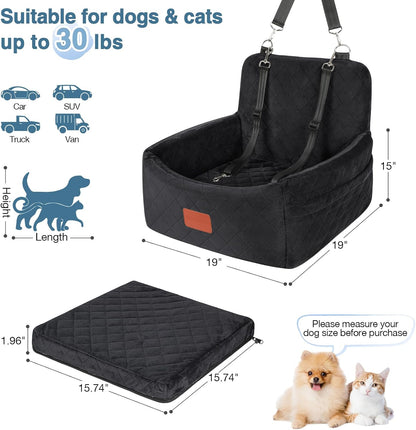 Dog Car Seat for Small Dogs Under 30lbs, Washable Pet Travel Car Bed with Memory Foam,Fully