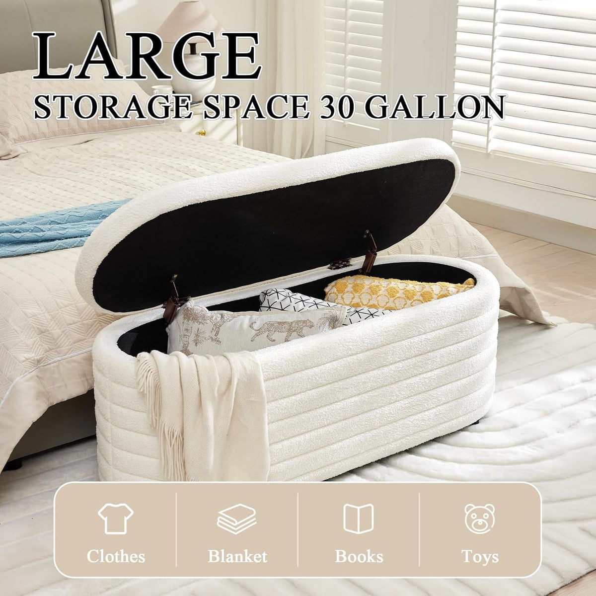 Storage Teddy Ottoman Bench Upholstered Fabric Storage Bench End of Bed Stool with Safety Hinge for