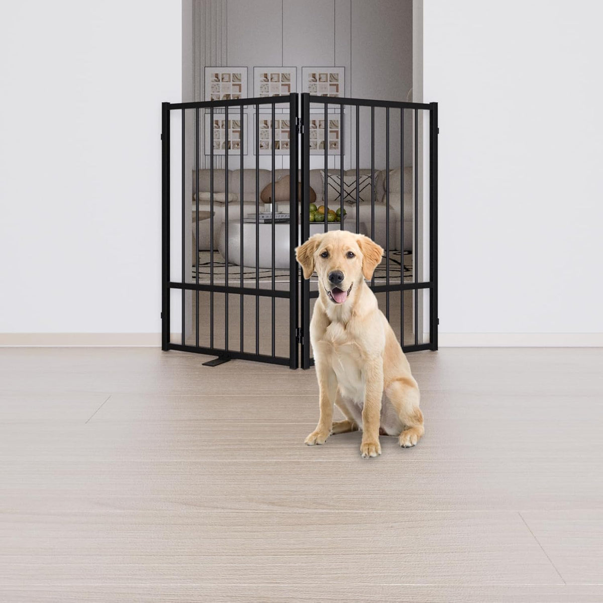 Full Metal Freestanding Dog Gate with Door, 32''Height Foldable Pet Dog Fence for Indoor & Outdoor