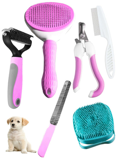 6ps Dog Cat Brush Grooming Kitf, Dog Cat Brushes, Bath Brush, Dematting Rake and Comb, Nail