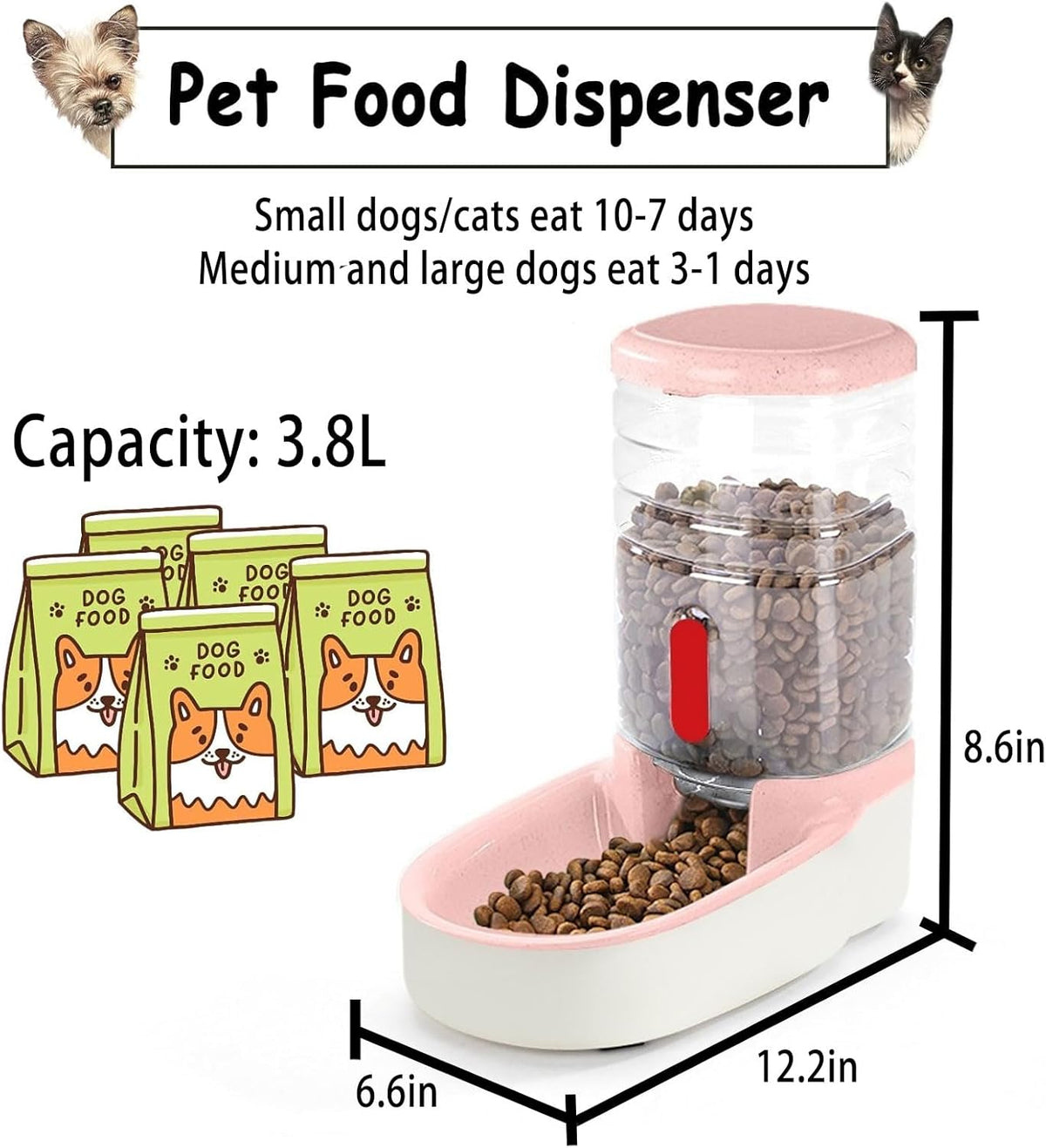 kathson Automatic Cat Feeder 1 Gallon Gravity Dog Food Dispenser Large Capacity Self Feeding Pet