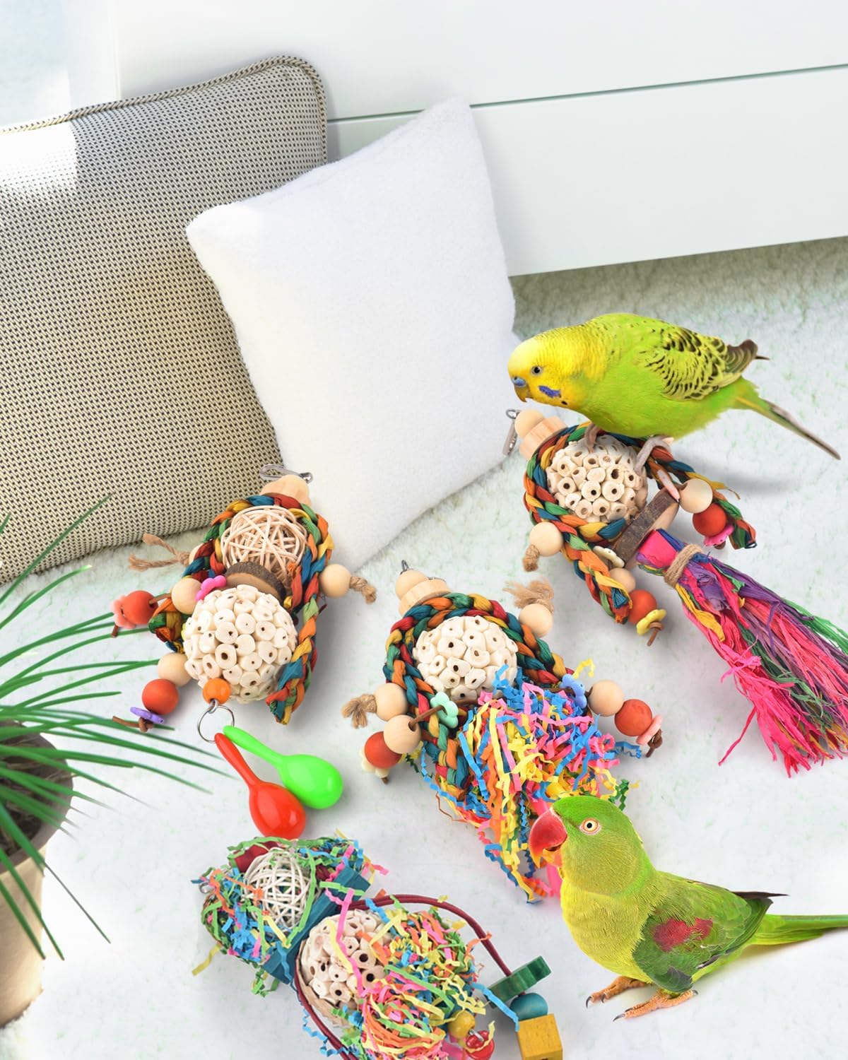 Bissap Conure Toys, 4 PCS Bird Parrot Foraging Shredder Hanging Toys Sola Balls with Sand Hammer