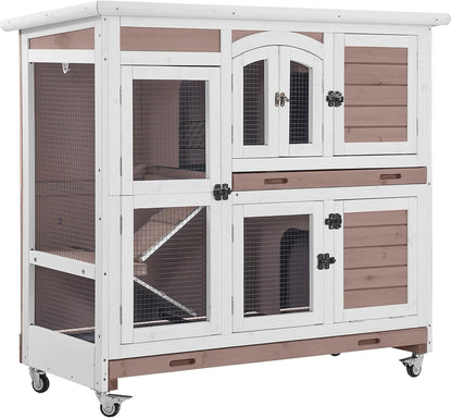Aivituvin Rabbit Hutch Bunny Cage with Wheels Indoor Outdoor 47" Two Story Guinea Pig Cage with 2