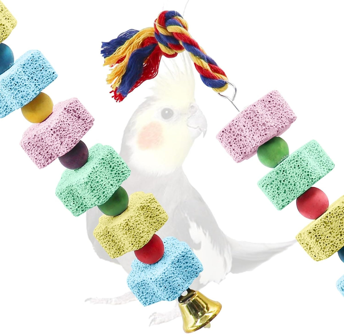 2 Pack Mineral Block Chew Toys with Colorful Beads and a Bell, Bird Beak Grinding Stone, Cage