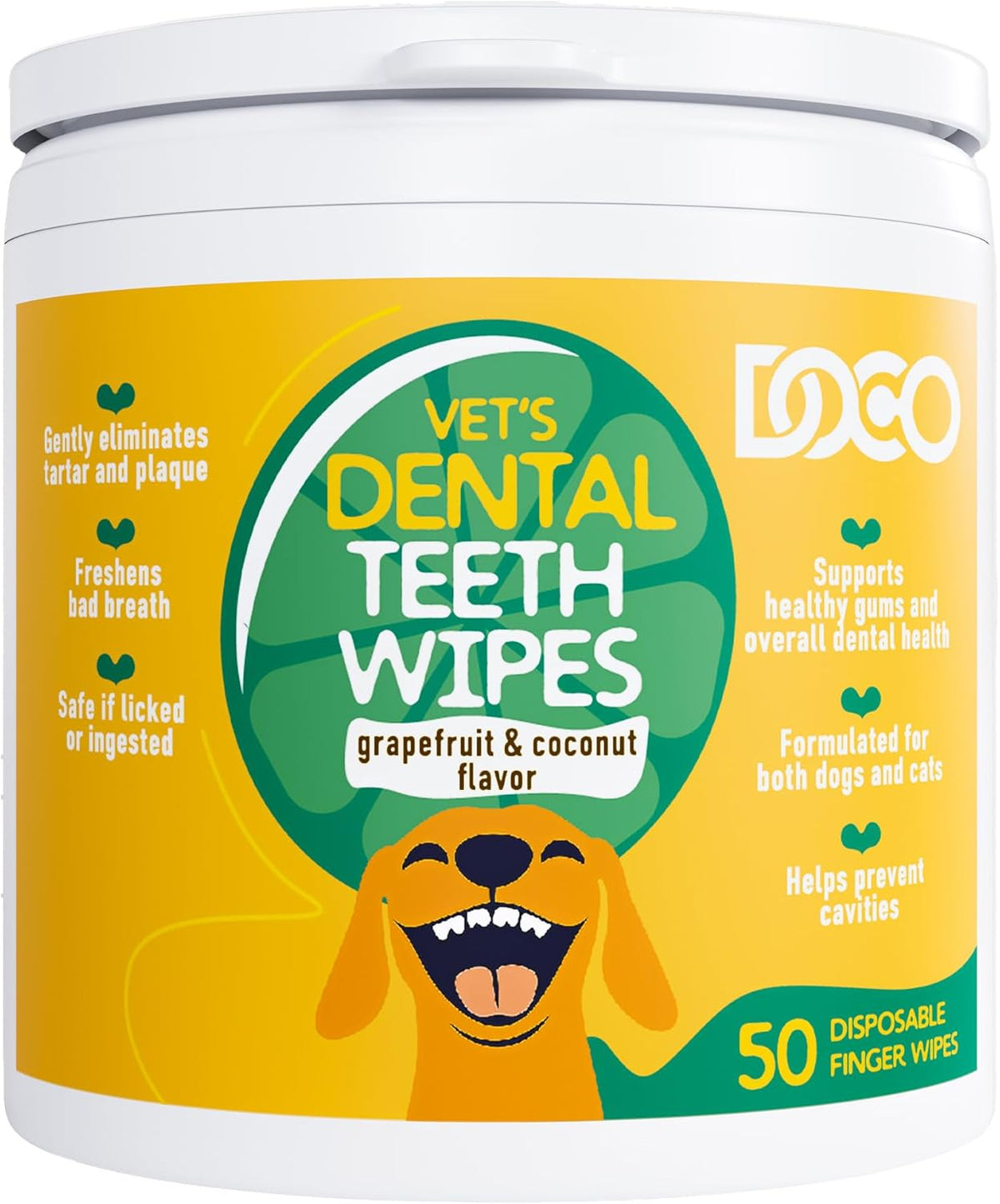 DOCO Dog Teeth Cleaning Wipes Dental Finger Wipes for Cats & Dogs Remove Plaque & Tartar, Freshen