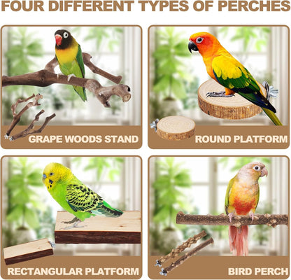 6-Piece Bird Perch Set - Natural Wood Grape Sticks, Paw Grinding Forks, Bird Stand & Toys for