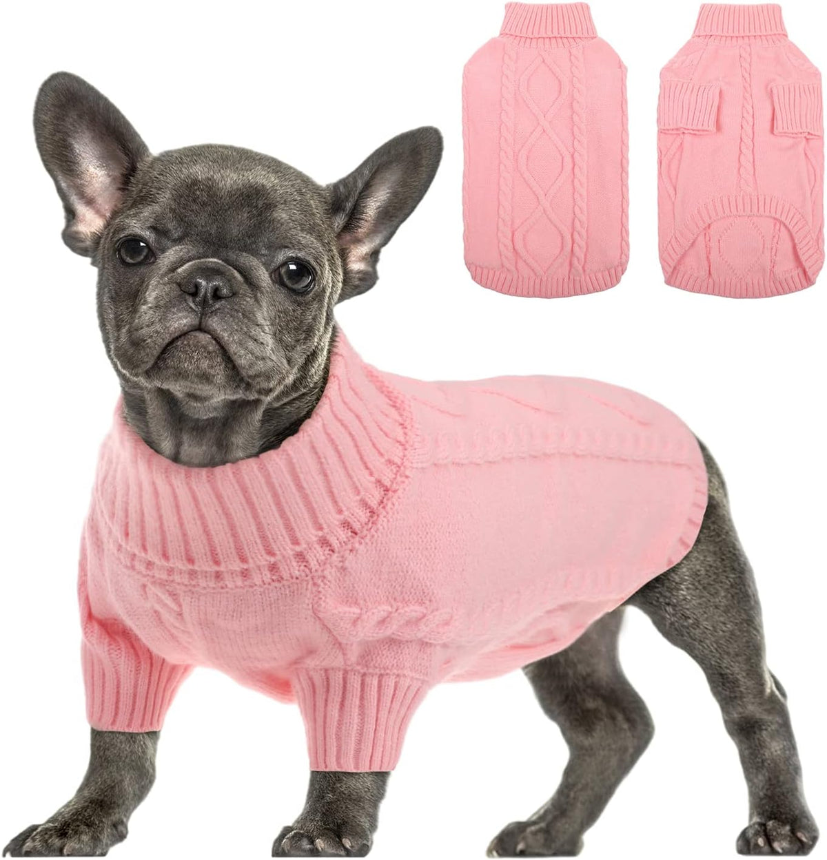 Queenmore Small Dog Pullover Sweater, Cold Weather Cable Knitwear, Classic Turtleneck Thick Warm