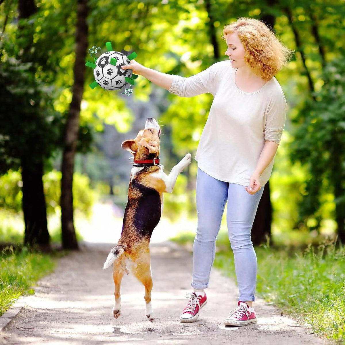 QDAN Dog Soccer Balls Toy with Bell Inside, Outdoor Interactive Toys for Tug of War, Puppy Birthday