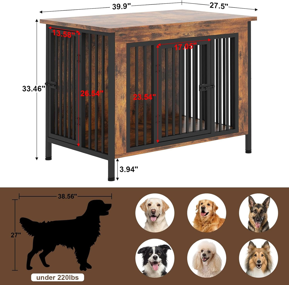 EasyCom 39.96" XL Wooden Large Dog Crate Furniture for Medium and Large Breed, Chew-Resistant Dog