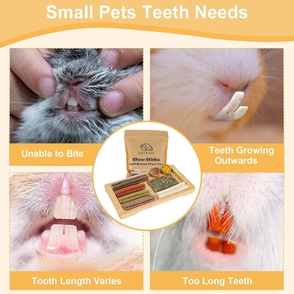 65PCS Rabbit Bunny Guinea Pig Chew Toys Treats, Chinchilla Hamster Chews Toys for Teeth, Timothy