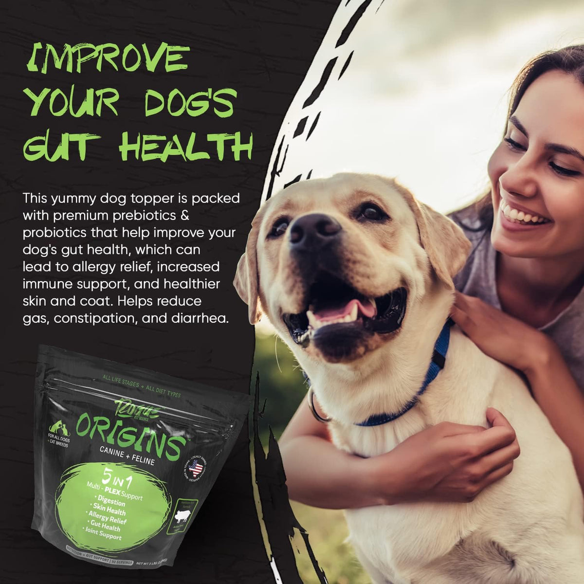 Origins 5-in-1 Dog Supplement - Powdered Food Topper w/Natural Heirloom Pork Protein- Supports