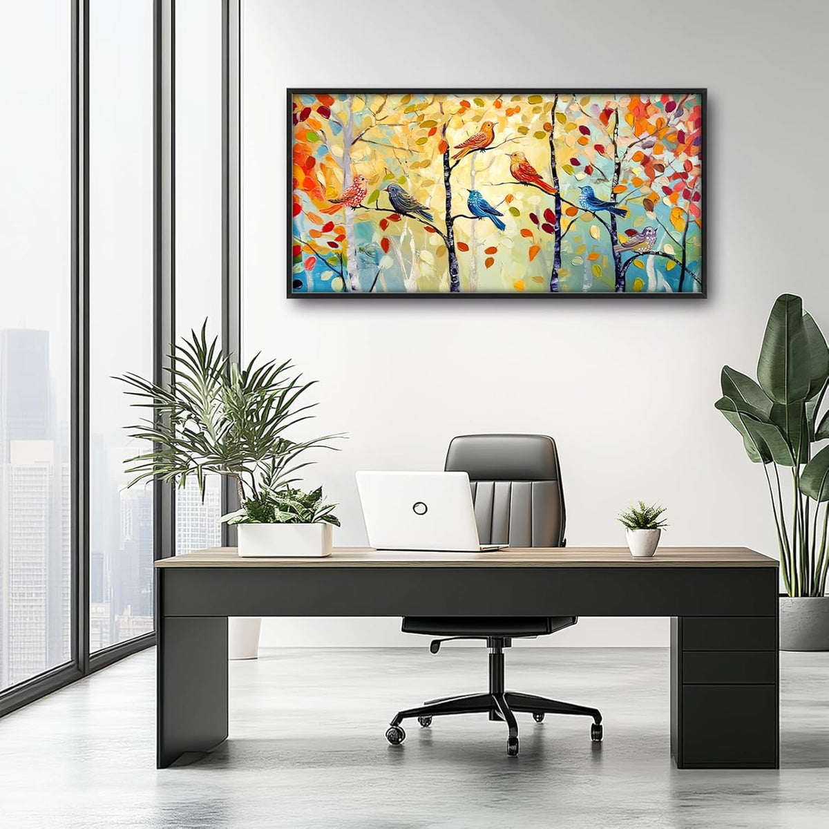 Extra Large Framed Abstract Bird Forest Wall Art,Colorful Birds Birch Tree Wall Decor Pictures for