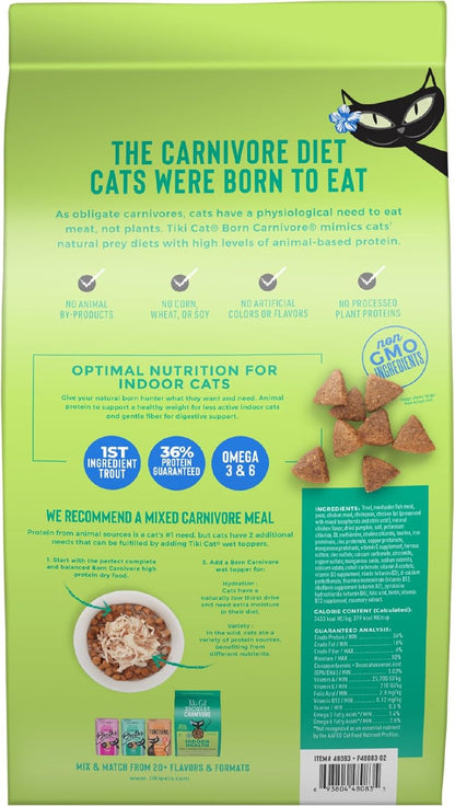 Tiki Cat Born Carnivore Indoor Health, Trout & Menhaden Fish Meal, Grain-Free Baked Kibble to