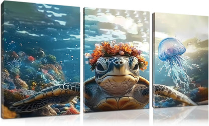 Wivsev Sea Turtle Canvas Wall Art,Under Sea Wall Art,Sea Life Pictures Wall Decor,Ocean Animal
