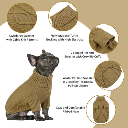 Queenmore Small Dog Pullover Sweater, Cold Weather Cable Knitwear, Classic Turtleneck Thick Warm