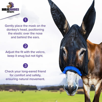 Donkey Fly Mask with Long Ears (Black) Half Hoodie for Standard Donkey, Made in USA - Mule Fly Mask