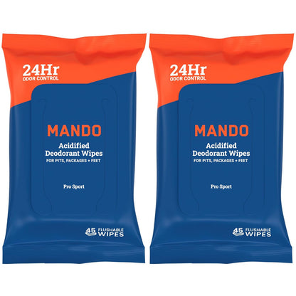 Mando Deodorant Wipes - 24 Hour Odor Control - Aluminum Free, Baking Soda Free, Skin Safe - 45