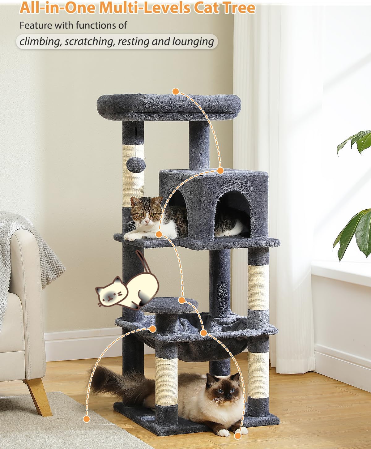 PETEPELA 45.7" Cat Tree for Indoor Cats, 5-Level Cat Tower for Large Cats with Metal Frame Large