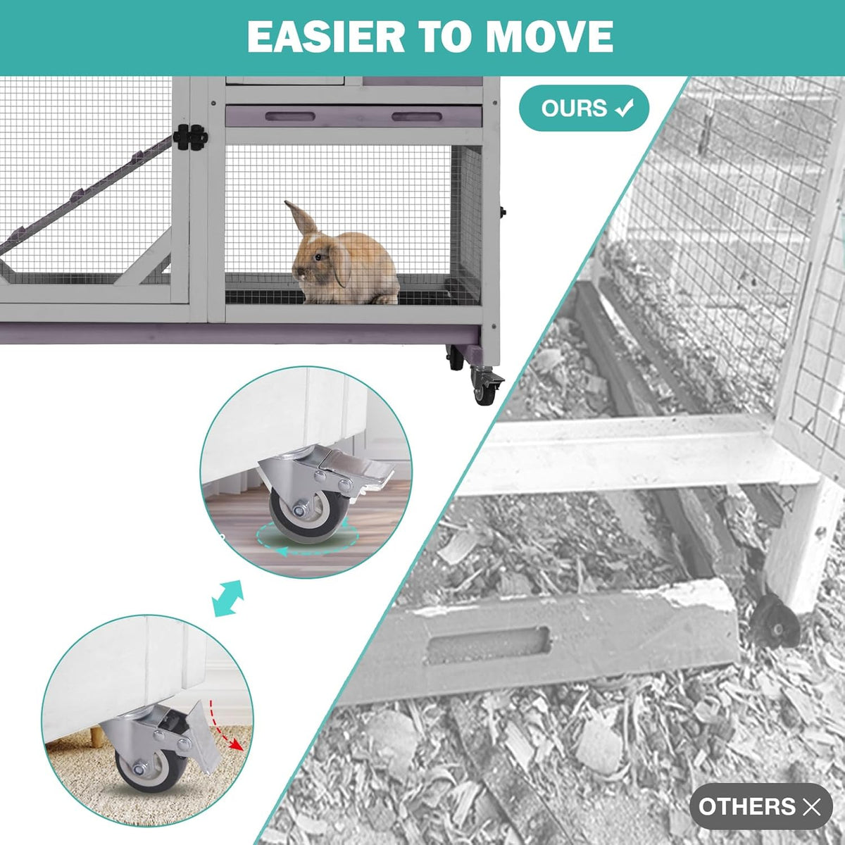 Rabbit Hutch Indoor for 2-4 Rabbits & Guinea Pigs，Bunny Cage with Slide-Out Plastic Trays，Wooden