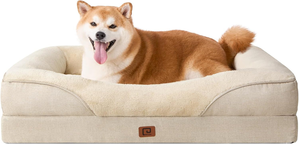 EHEYCIGA Memory Foam Dog Bed for Large Sized, Orthopedic Dog Sofa with Sides and Waterproof Liner