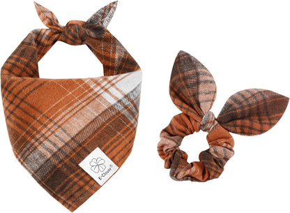 E-Clover Brown Plaid Dog Bandana & Matching Scrunchie-Fall Dog Bandana Triangle Plaid Pet Scarf Bib