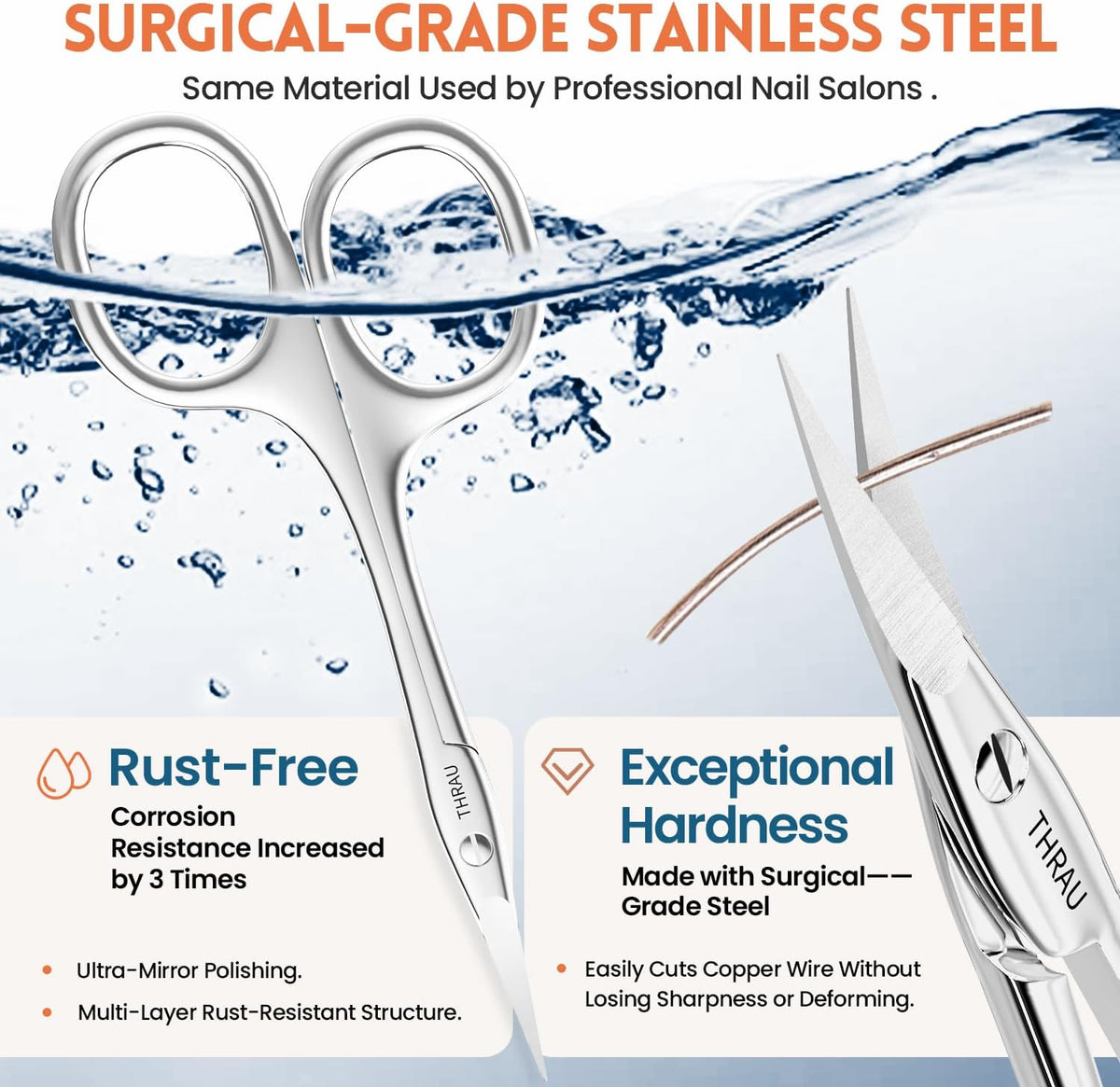 THRAU Right-Handed Cuticle Scissors – Surgical Grade Stainless Steel with Sharp Curved Tip for